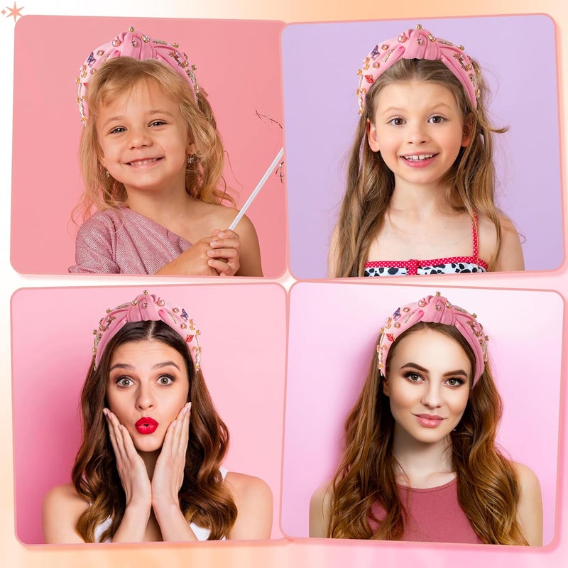 PANTIDE Music Jeweled Knotted Headband - Singer Fans Gift Guitar Red Lip Rhinestone Crystal Embellished Headband Wide Top Knot Fashion Hairband Birthday Back To School Gift for Women Girls (Pink) - Image 4